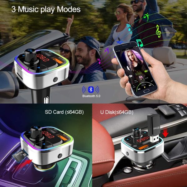 Bluetooth 5.0 Car FM Transmitter, Wireless Bluetooth Car Radio Audio Adapter Hands-free Car Kit with QC3.0 & 5V/2.4A USB Car Charger, Colorful Backlit, Mp3 Music Player Support TF Card/USB for iPhone - Image 3