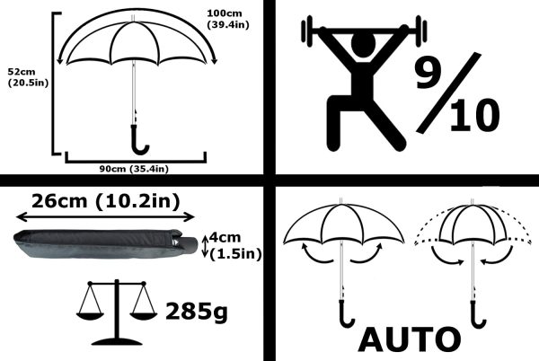 COLLAR AND CUFFS LONDON - Windproof Handy 4cm Flat Umbrella - Reinforced Fiberglass Frame - Auto Open and Close - Strong Compact Small Slim Folding Waterproof Travel - Black - Image 2