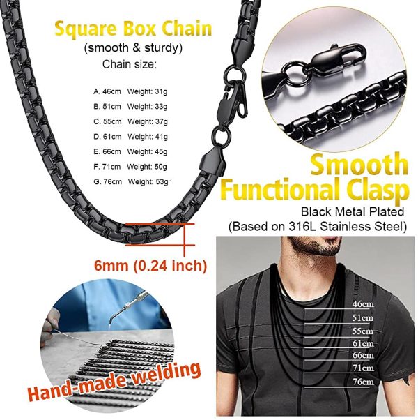 PROSTEEL Men 6MM Box Chain Necklace, 14/18/20/22/24/26/28/30 Inches, 316L Stainless Steel/Gold Plated (with Gift Box, Velvet Pouch) - Image 3