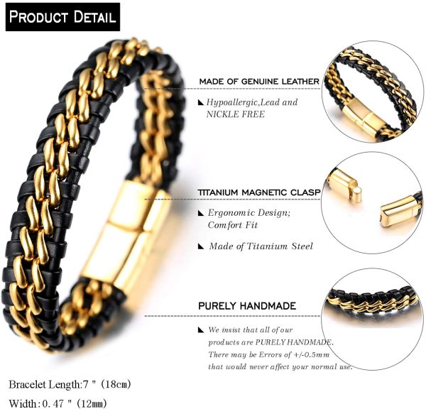 HALUKAKAH Boy's Kids Bracelet Leather ?? Solo Silver/Honour Gold ?? 6-12 Y/O. Titanium Chain Magnetic Clasp 7-8"/18cm with Free Giftbox - Image 3