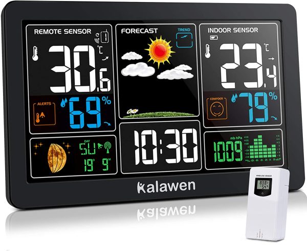 Kalawen Weather Station with Outdoor Indoor Sensor, MSF Wireless Digital Alarm Clock, Barometer, Temperature, Humidity Monitor, Weather Forecast for Home Garden