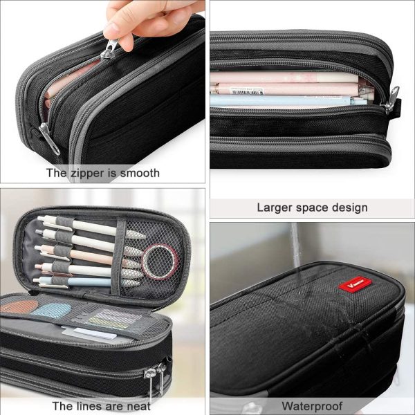 Pencil Case Big Capacity Pen Marker Holder Pouch Box Makeup Bag Oxford Cloth Large Storage Stationery Organizer School College Office for Teens Girls Adults Student (Black) - Image 5