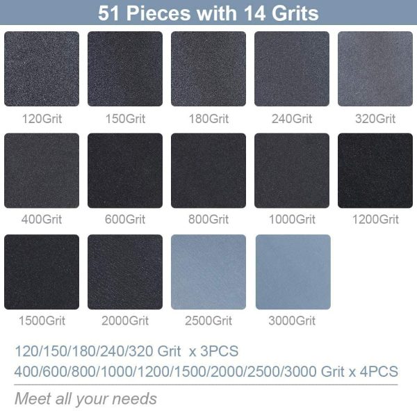 Sandpaper 51 Pcs Wet and Dry Mixed Grits Sandpaper 120 to 3000 Waterproof Sandpaper for Wood Furniture,Finishing Metal Sanding and Automotive Polishing - Image 5