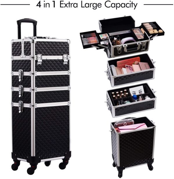 Joligrace Professional 4-in-1 Large Beauty Make up Trolley Cosmetics Vanity Organiser Rolling Case with Universal Wheels and Key Locks 4 Tiers (Black) - Image 7