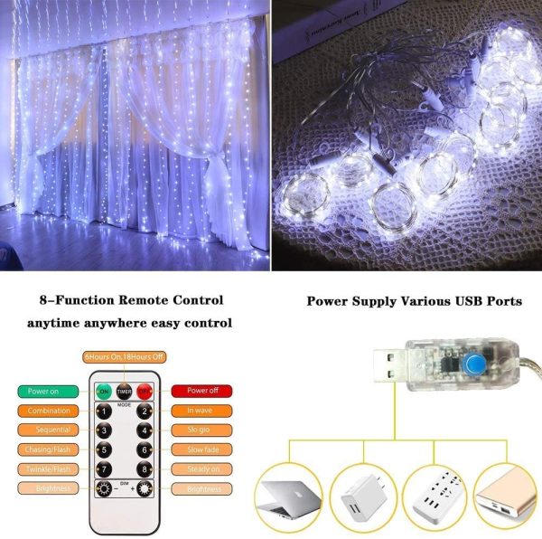 Curtain Fairy Lights, 300 LED 3m x 3m 8 Modes USB Plug in Hanging Window Light,Remote Timer Copper Wire String Lighting for Bedroom Outdoor Garden Wall Gazebo Christmas Decorations Cool White