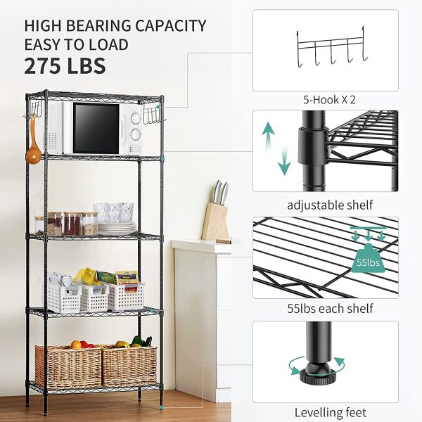 alvorog 5 Tier Shelving Units for Storage, Multipurpose Storage Shelves with 10 Hooks, Adjustable Height, Heavy Duty Metal Structure Organizer Pantry Shelves for Bathroom Kitchen Garage(59X34X150cm) - Image 5