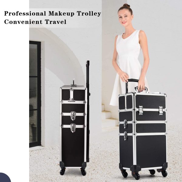 Professional Makeup Trolley 3-in-1 Extra Large Hairdressing Vanity Case Beauty Rolling Case Cosmetic Box on Wheels Nail Technician Trolley, Black (Black) - Image 7