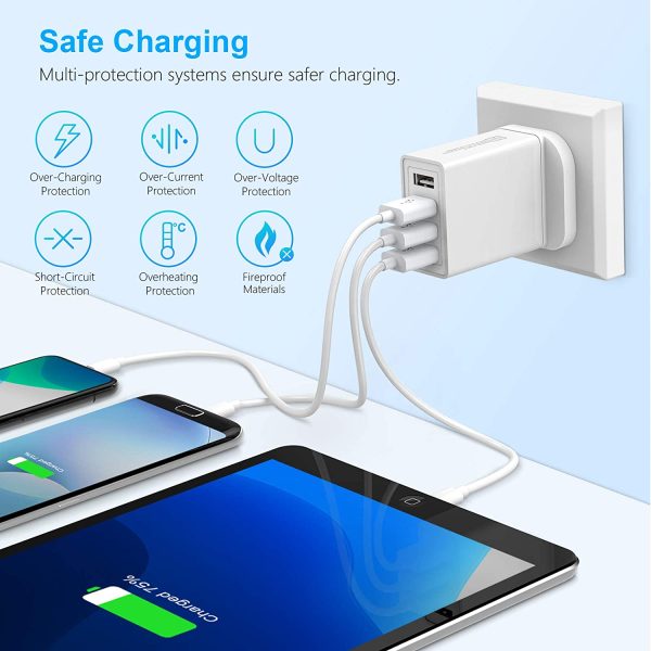 Beikell USB Plug Charger, 4-Port USB Wall Charger Power Adapter with Smart Device-Adaptive Fast Charging Technology, for iPhone 11/11Pro/ XS/XR/X/8, Galaxy S8/Note 3, iPad Air 2/mini etc.