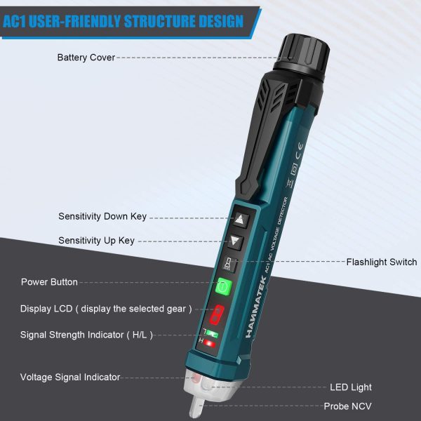 Non-Contact Voltage Tester with 9 Gear Adjustable Sensitivity Voltage Detector Pen AC Circuit Tester Tool LCD Display LED Flashlight Buzzer Alarm Range12V-1000V & Live/Null Wire Judgment AC1 - Image 7