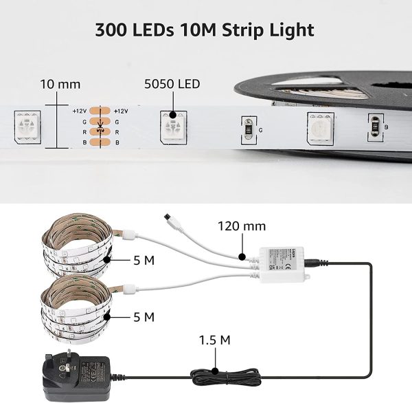 10M LED Strip Lights with Remote, Dimmable, RGB Colour Changing, Stick-on LED Lights for Bedroom, Kitchen, Room Decoration (2 x 5M, 300 Bright 5050 LEDs) - Image 5