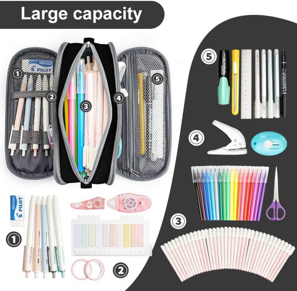 Pencil Case Big Capacity Pen Marker Holder Pouch Box Makeup Bag Oxford Cloth Large Storage Stationery Organizer School College Office for Teens Girls Adults Student (Black) - Image 7