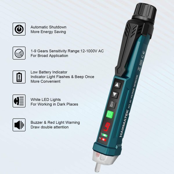 Non-Contact Voltage Tester with 9 Gear Adjustable Sensitivity Voltage Detector Pen AC Circuit Tester Tool LCD Display LED Flashlight Buzzer Alarm Range12V-1000V & Live/Null Wire Judgment AC1 - Image 5