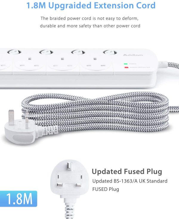 Extension Lead with USB Slots, 4 Way Socket Outlets Power Strips with 4 USB (4.5A) Surge Protection Plug Extension with 1.8 Meter Braided Extension cord for Home Office, Individually Switched White - Image 7