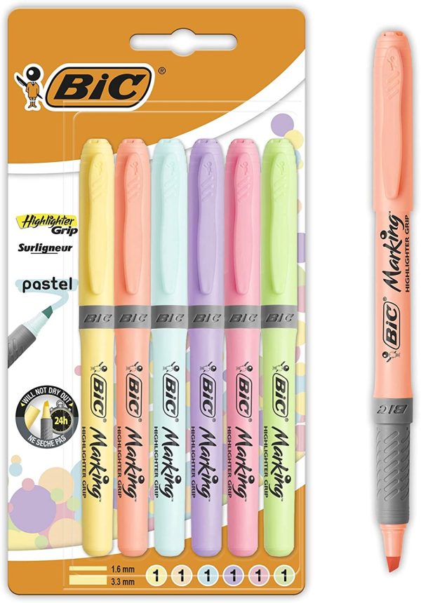 Highlighter Grip Pastel, Highlighter Pens with Adjustable Chisel Tip, Assorted Colours, Pack of 6