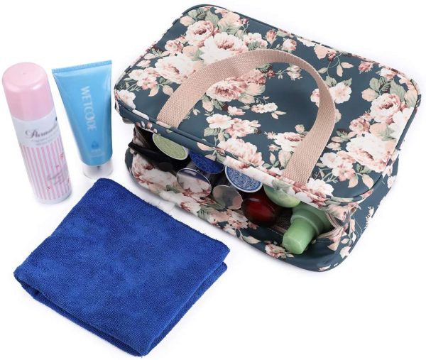 IGNPION Woman Large Travel Toiletry Bag Waterproof Wash Bag Make up Organizer Bag Cosmetic Bag Swimming Gym Bag(Dark Blue Flower) - Image 2