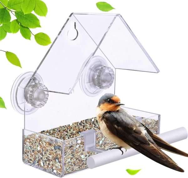 Extra Strong Suction Sups Window Bird Feeder. with Drainage Holes. Windowsill Birdfeeders for Small Birds only. LIANGPIN Acrylic Clear House Shape Design - Image 4