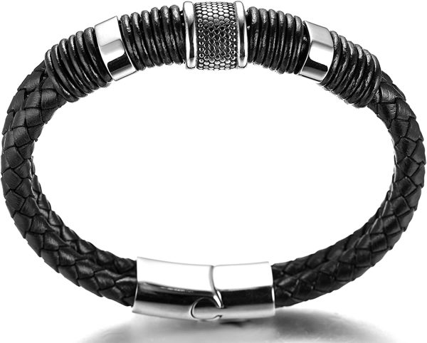 HALUKAKAH ?? Solo ?? Men's Genuine Leather Titanium Bracelet Black & Silver 8.46"(21.5cm) with Free GIftbox - Image 2