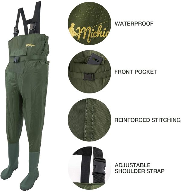 Michigan 100% Waterproof Olive Nylon Fishing Unisex Chest Waders, Shoe Sizes 6-12, Includes Belt - Image 4