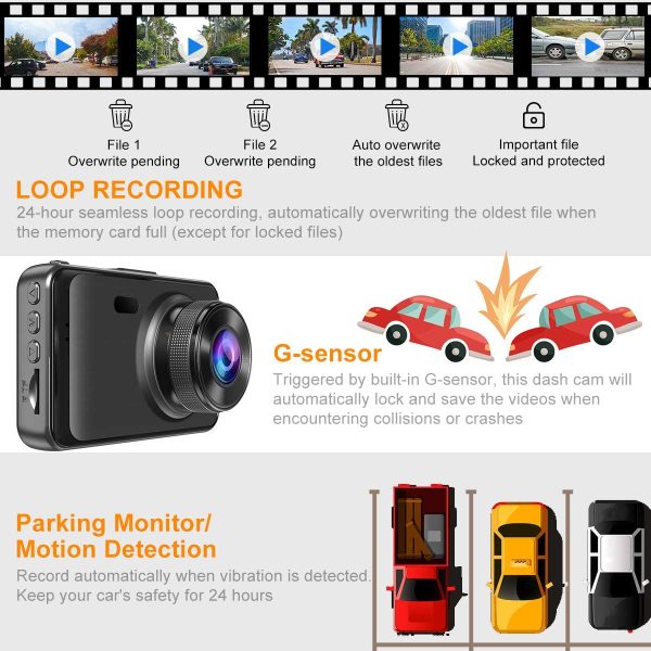 Dash Cam with SD Card Included FHD 1080P Dash Cams for Cars Dash Cameras Record Dash Cam with Night Vision, 170??Wide Angle 3??IPS Screen Dashcam Loop Recording G-sensor Motion Detection Parking Monitor