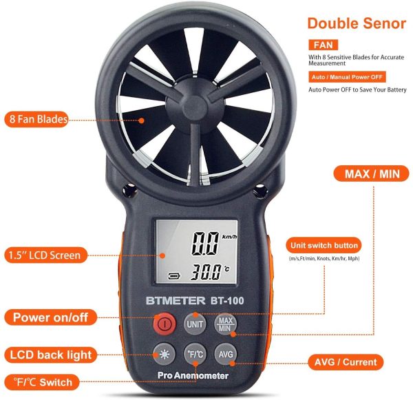 BTMETER Digital Anemometer Handheld BT-100 Wind Speed Meter with Wind Temp Speed CFM with MAX/MIN/AVG, Backlight LCD for Shooting, HVAC, Drone Flying - Image 3