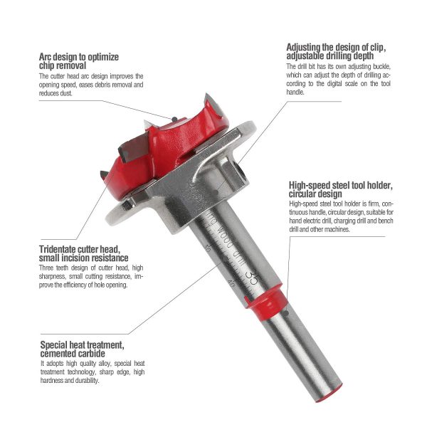 Forstner Drill Bit Tungsten Carbide Woodworking Hinge Hole Cutter with Depth Stop (15/20/25/30/35mm) - Image 3