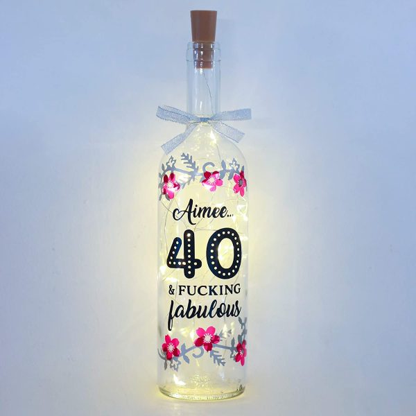 Personalised 40th Birthday Gifts for her, Forty and Fabulous, Funny Bottle Light - Image 2