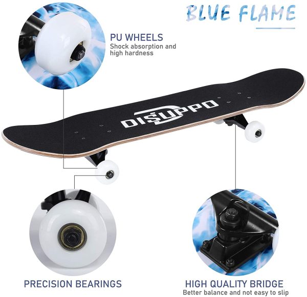 DISUPPO Skateboards,31" x 8"Complete Standard Skate Board for Beginners,7 Layer Canadian Maple Double Kick Skateboard for Adults, Boys, Girls, Kids, Teens - Image 4