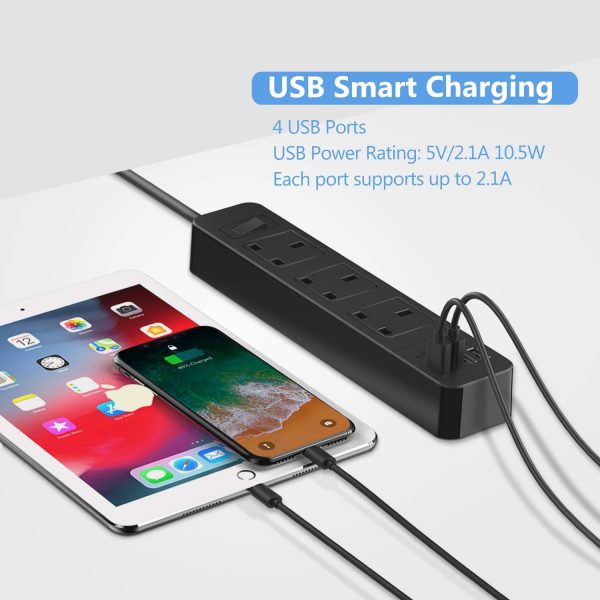 JSVER Extension Lead with 4 USB Ports Desktop Power Strip Smart Charging Station 3 Outlets Surge Protection for Home Travel, Black - Image 3