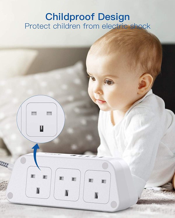 Extension Lead with USB Slots??6 Way Outlets 5 USB(5A, 1 USB- C and 4 USB-A Port) with 1.8M Braided Extension cord, 3250W Overload Protection??Security Surge Protection Plug Extension Socket