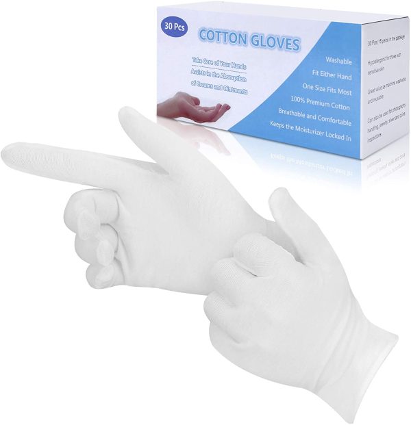 Cotton Gloves, 30 Pcs White Cotton Gloves for Eczema, Washable Shrink Resistant Cotton Gloves for Men and Women, Stretchable Breathable Cloth Gloves