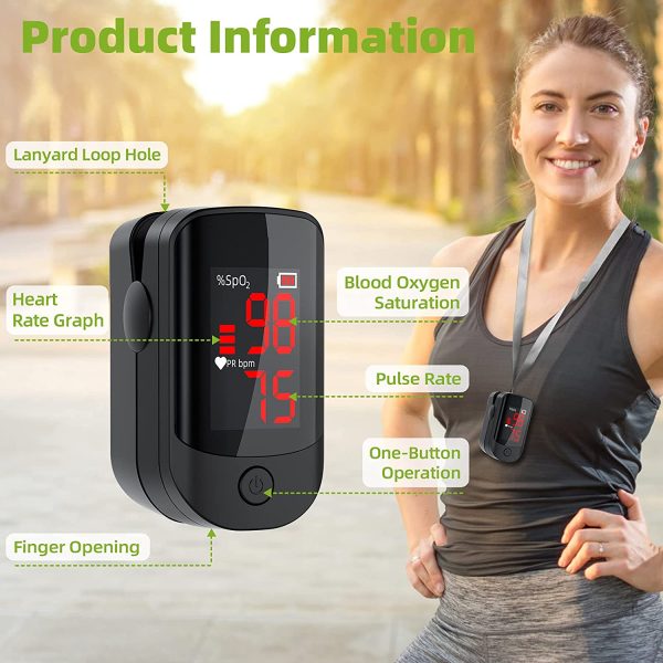 Pulse Oximeter Fingertip, Blood Oxygen Saturation Monitor with Accurate Fast Spo2 Reading Oxygen Meter, Oxygen Monitor with Lanyard and Batteries (Black)