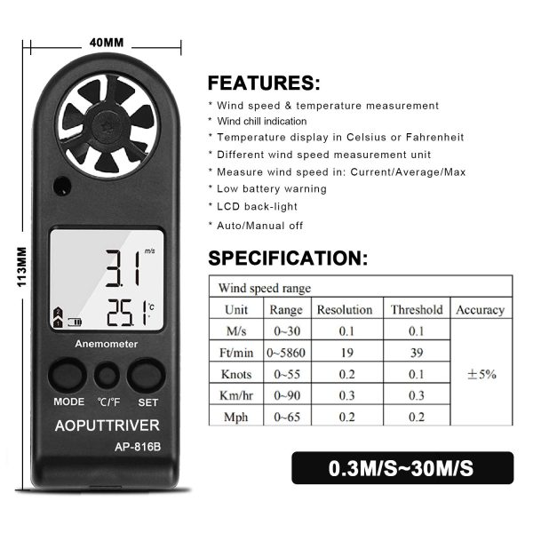 Digital Anemometer Handheld Wind Speed Meter for Measuring Wind Speed, Temperature and Max/Average/Current, High Precision, Measuring for Windsurfing Sailing Fishing Outdoor Activities-AP-816B(Black) - Image 3