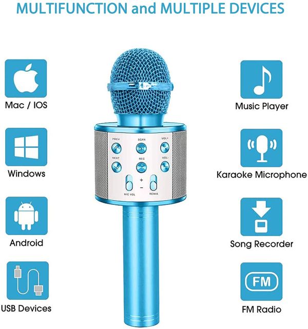 Karaoke Microphone Bluetooth Wireless, With 5 Voice-changing Modes Portable Karaoke Machine Mic Speaker for Kids and Adults Home Party Birthday, Gifts Toys for 3-12 Year Old Boys Girls (Blue) - Image 2