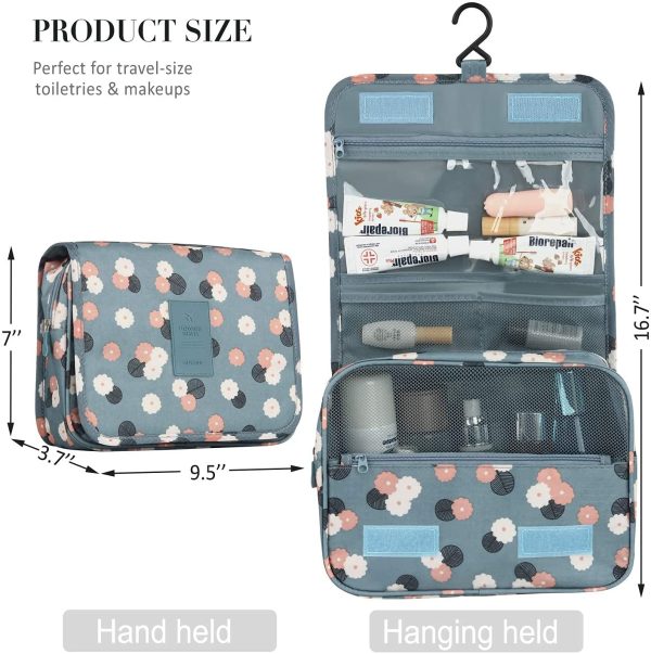 Makeup Travel Wash Bag Discoball Hanging Folding Waterproof Cosmetic Toiletries Storage Case, Bathroom Dressing Table Luggage Organizer for Women Girl (Style2 Blue Flower) - Image 4