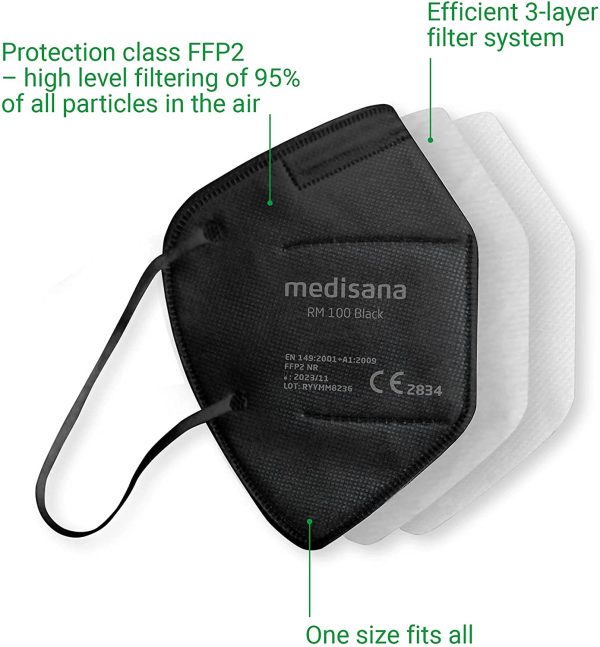 Medisana FFP2 Respirator Mask Black Dust Mask Breathing Mask RM 100 Dust Mask Mouth Mask 10 Pieces Individually Packed in PE Bag with Clip - Certified CE2834 - EU 2016/425 - Image 2