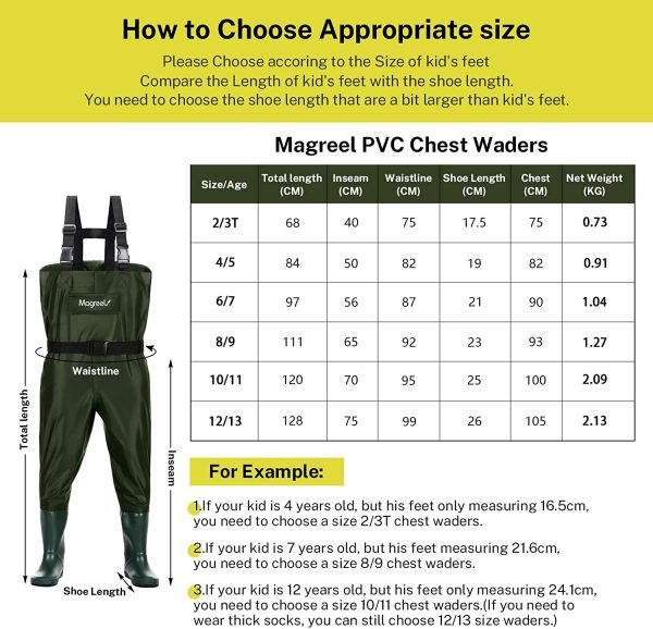 Magreel Kids Chest Waders Waterproof Nylon/PVC Youth Waders with Boots Fishing & Hunting Waders for Toddler & Children, Boys & Girls, Army Green, Age 2-13 - Image 6