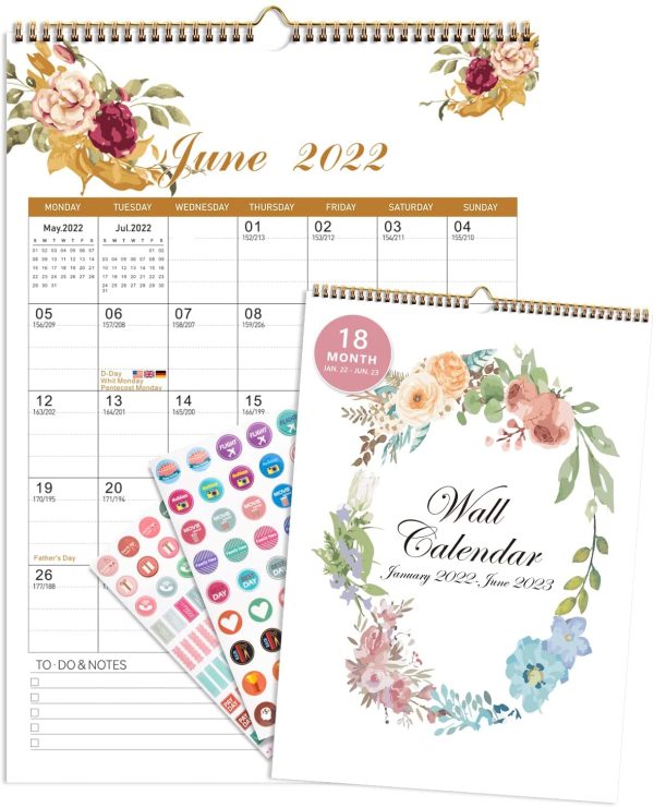 Calendar 2022 2023, 18 Monthly Wall Calendar with Thick Paper, Aesthetic Floral Family Calendar Runs Jan.2022 - Jun.2023, 43 x 30.5 cm, Calendar Family Planner with Julian Date & Large Blocks - Image 3