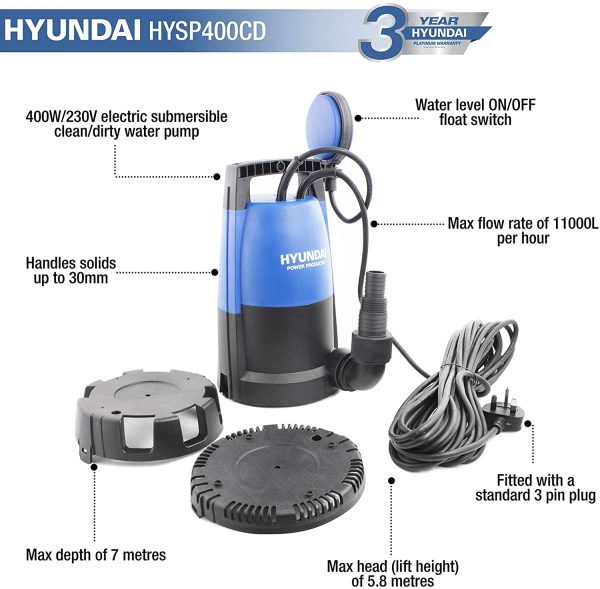 HYSP400CD Heavy Duty 400W 230V Electric Submersible Dirty & Clean Water Pump Includes 10 Metre Power Cable Float Switch & Hose Connector - Blue - Image 6