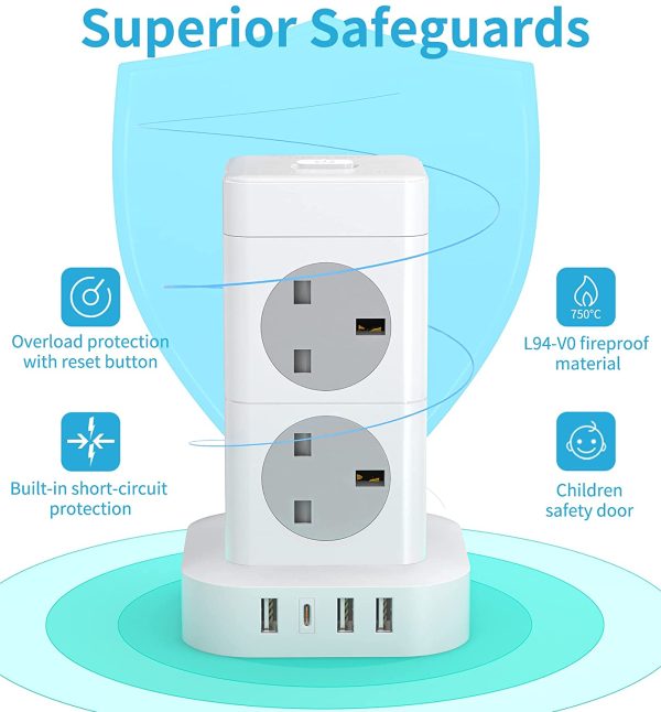 Hulker Tower Extension Lead with USB Slots, Multi Plug Extension 8 Way 4 USB (1 Type C and 3 USB Ports) with Switch Tower Power Strip with Widely Spaced Outlets 2M Cable Overload Protection 3250W 13A - Image 8