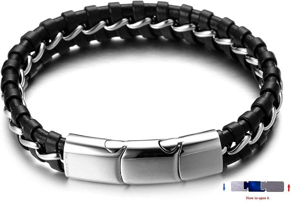 HALUKAKAH Kids ?? Solo Junior ?? Boy's Genuine Leather Bracelet Black 6-12+3 Y/O. Titanium Silver Chain Magnetic Clasp Size Adjustable 7"-7.7"(18-19.5cm) with Free Giftbox - Image 2