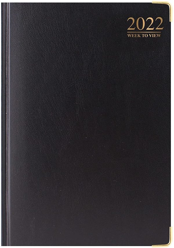 Premium Quality A5 Week to View Black Diary 2022 Front-Padded and Gilt-Edge-Corners 80gsm-Paper - Image 3