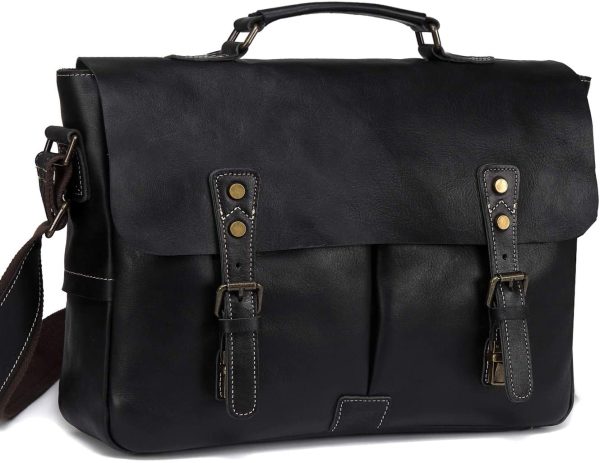 Messenger Bag for Men, VASCHY Genuine Leather Shoulder Bag Full Leather Laptop Bag for 15.6 Inch Vintage Satchel Briefcase with Adjustable Strap (15.6 Inch-black69) - Image 4