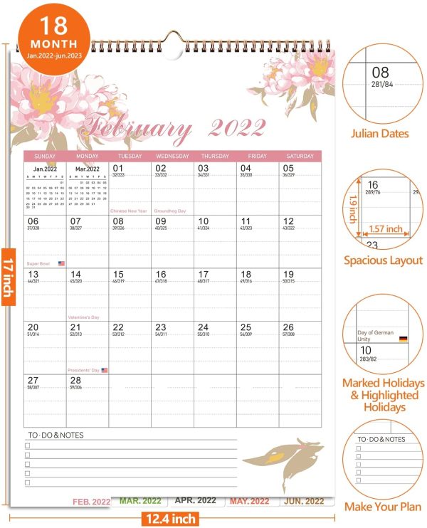 Calendar 2022 2023, 18 Monthly Wall Calendar with Thick Paper, Aesthetic Floral Family Calendar Runs Jan.2022 - Jun.2023, 43 x 30.5 cm, Calendar Family Planner with Julian Date & Large Blocks - Image 5