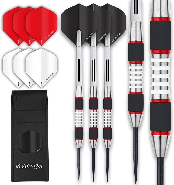 RED DRAGON Evos 24g, 26g, 28g - Tungsten Darts Set with 3 Sets of Hardcore Flights and Nylon Ring Grip Stems