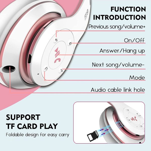 Prtukyt Bluetooth Headphones Over-Ear,Foldable Wireless and Wired Stereo Headset Micro SD/TF, FM for Phones/Samsung/Pads/PC, Comfortable Earmuffs &Light weight for Prolonged Wearing(White & Rose Gold) - Image 5