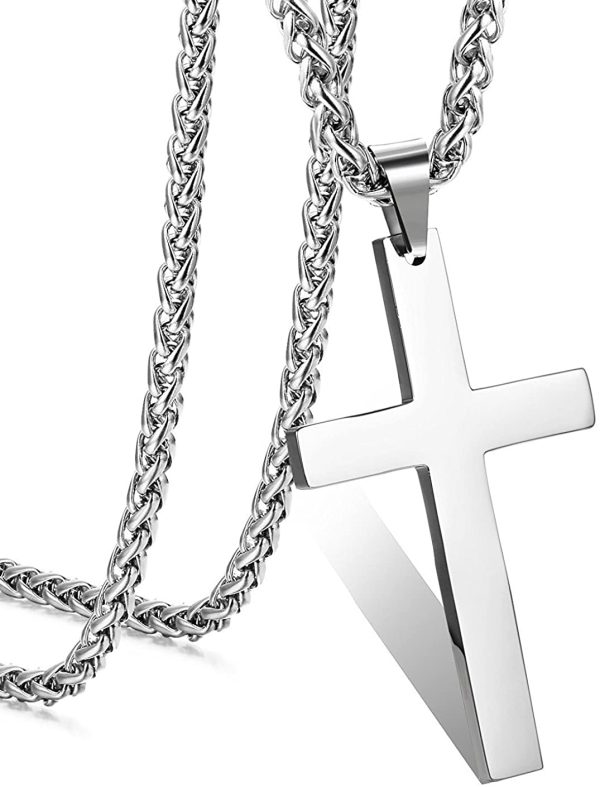 JC Stainless Steel Cross Pendant Chain Necklace for Men Women Long Large Cross Necklace Silver Tone, 61CM - Image 2