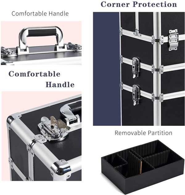 Professional Makeup Trolley 3-in-1 Extra Large Hairdressing Vanity Case Beauty Rolling Case Cosmetic Box on Wheels Nail Technician Trolley, Black (Black)