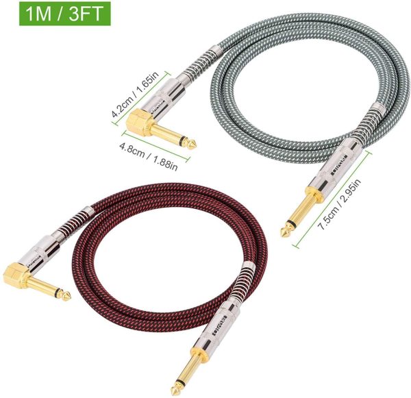 OTraki 3Ft 1M Guitar Cable 2 Pack 6.35mm 1/4" Straight to Right Angle Guitar Instrument Cables TS Braided Noiseless Audio Instrument Lead for ELectric Guitar,Bass,Keyboard - Image 3