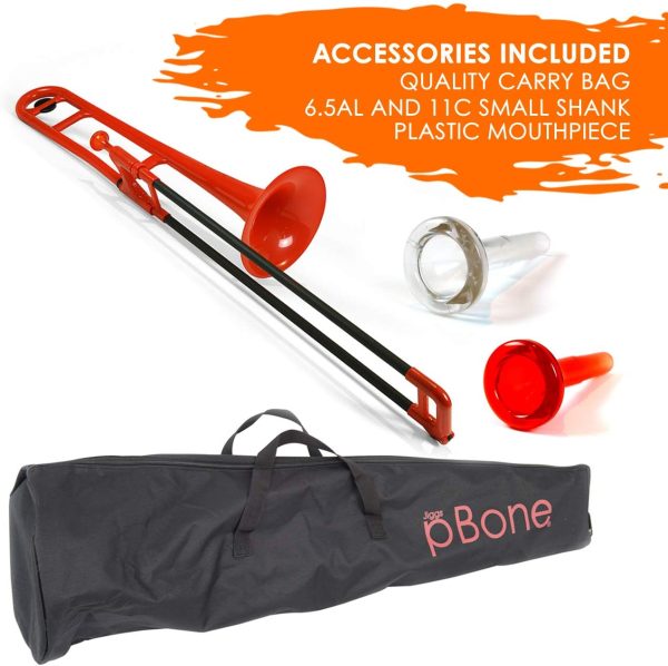 pBone PBONE1R Plastic Trombone with Mouthpiece and Carry Bag - Bb Student Beginner - Red, 14.0 in*38.0 in*11.0 in