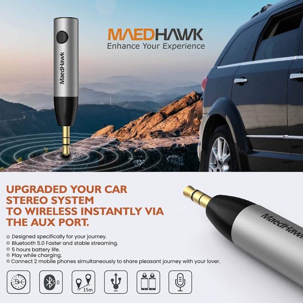 Bluetooth 5.0 Receiver, MaedHawk Bluetooth Aux Adapter/Portable Wireless Audio Car Kit (A2DP, Built in Microphone, Dual Link) with 3.5mm Jack for Home Music Streaming Stereo,Headphones,Speakers - Image 3